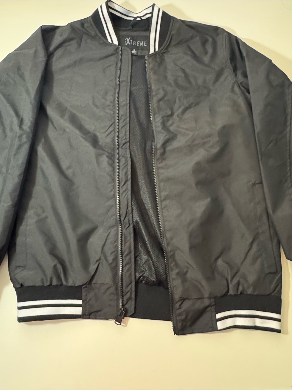 Men's Black Bomber Jacket with Stripe Trim-Small